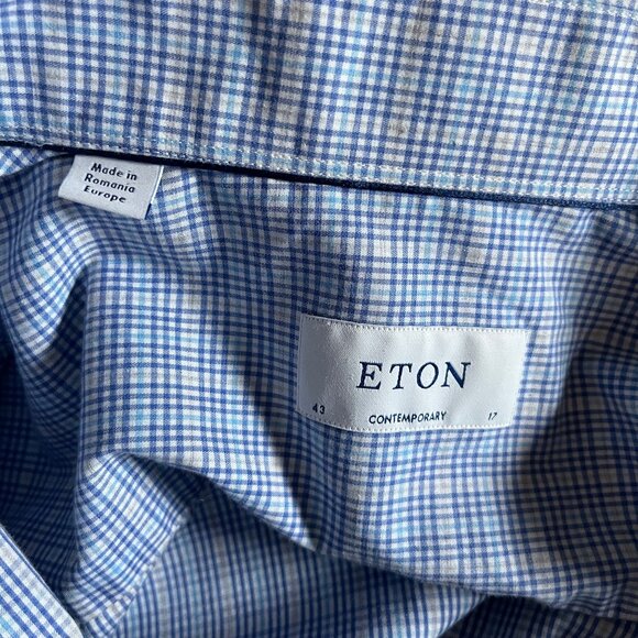 Eton Fill Twill Cotton Contemporary Check Button Up Shirt - Men's Size 43/17 - Picture 5 of 9